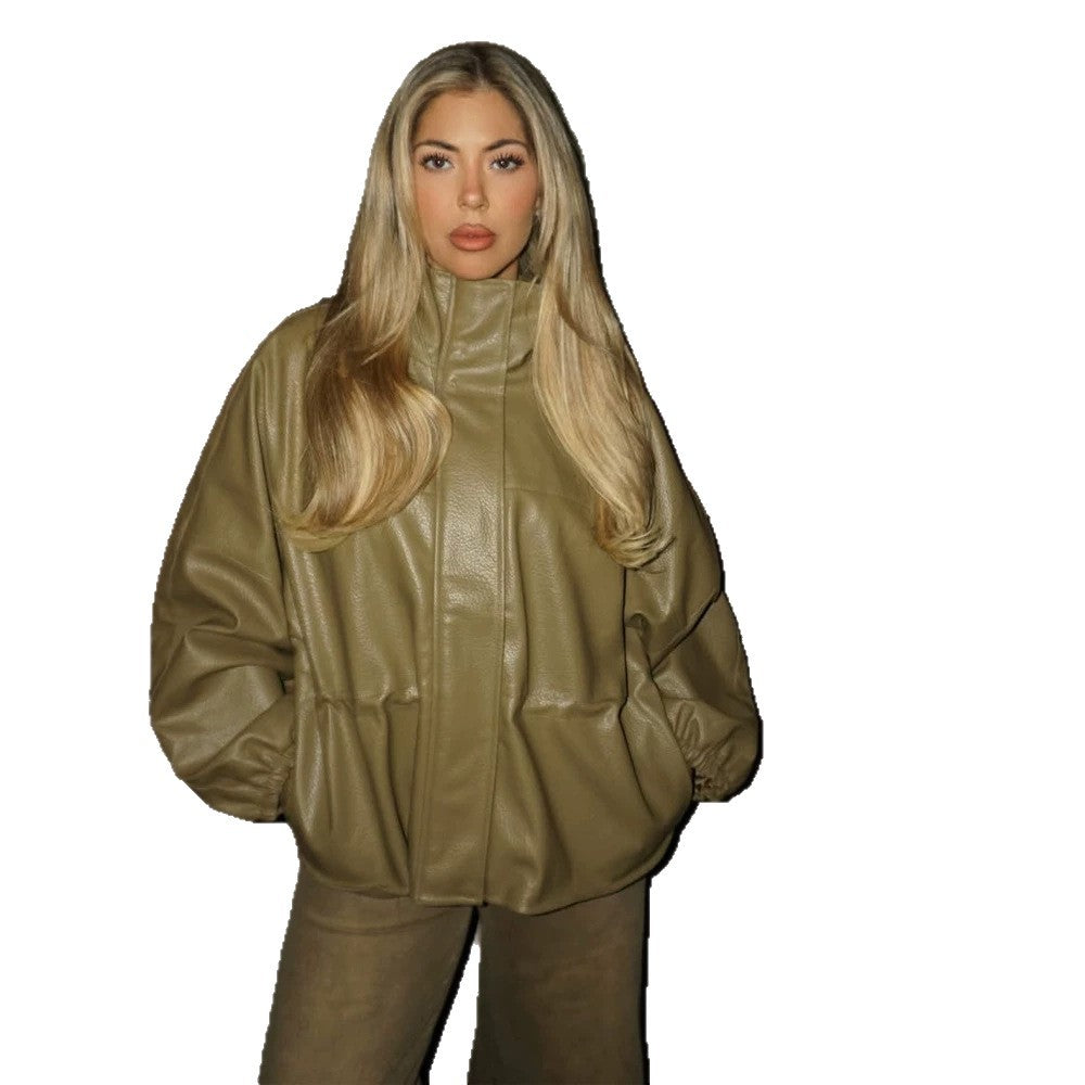 Women Boxy Faux Leather Jacket with High Stand-Up Collar, Drawstring Waist and Balloon Sleeves Mune Fashion