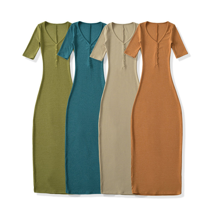 Women's Fitted Midi Dress made of Rib Knit with Button Placket and Half-Length Sleeves Mune Fashion