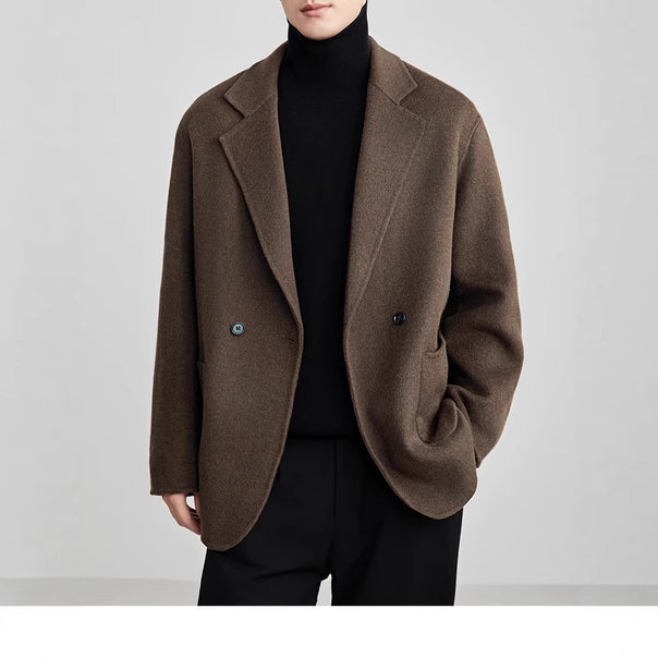 Men's Oversized Double-Breasted Wool Blend Short Coat with Patch Pockets Mune Fashion