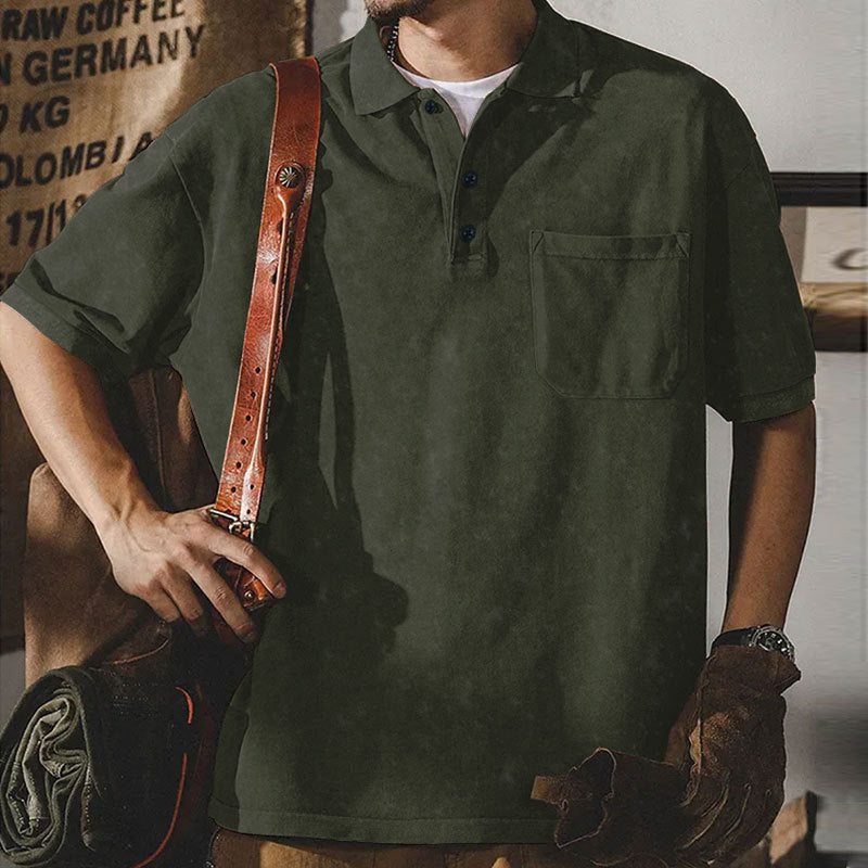 Men's loosely cut cotton polo shirt with a patch chest pocket and short button placket Mune Fashion