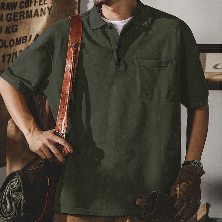 Men's loosely cut cotton polo shirt with a patch chest pocket and short button placket Mune Fashion