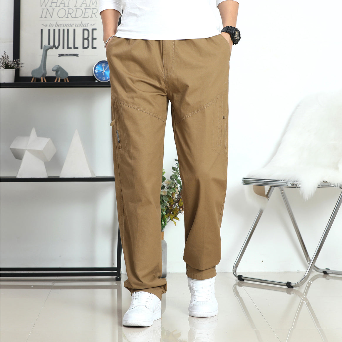 Men's Wide Cargo Pants in Utility Style with Side Zipper Pocket and Ergonomic Seams Mune Fashion