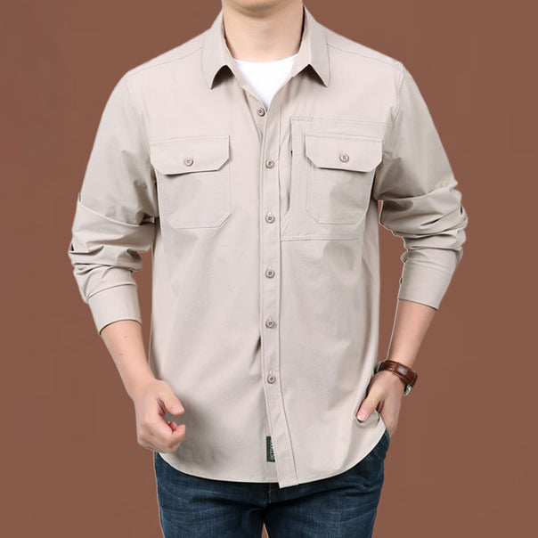 Men's modern travel long-sleeve shirt with stretch material, concealed button placket, and double flap chest pockets Mune Fashion