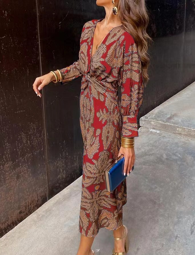 Women's Patterned Midi Dress with Knot Front, V-Neck and Long Sleeves Mune Fashion
