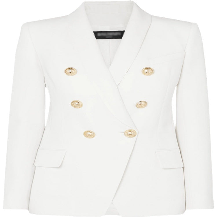 Women's Tailored Double-Breasted Blazer in Tuxedo Tailoring with Shawl Collar and Golden Decorative Round Buttons Mune Fashion