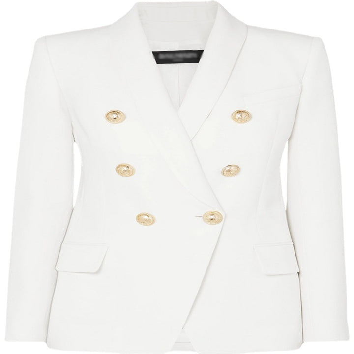 Women's Tailored Double-Breasted Blazer in Tuxedo Tailoring with Shawl Collar and Golden Decorative Round Buttons Mune Fashion