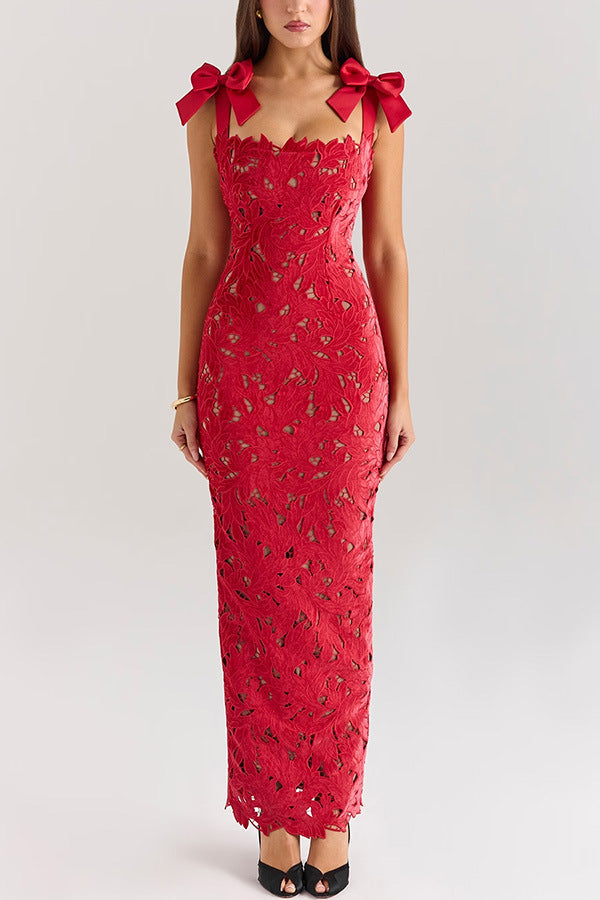 Women's form-fitting floor-length lace evening dress in column shape with decorative bow straps Mune Fashion