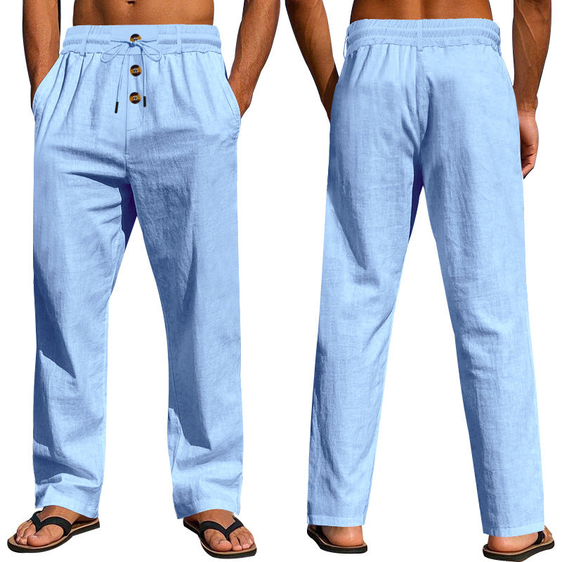 Men's casual linen relax pants with elastic tunnel drawstring waistband, cord drawstring and decorative button placket Mune Fashion