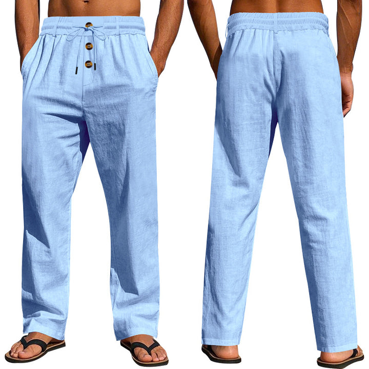 Men's casual linen relax pants with elastic tunnel drawstring waistband, cord drawstring and decorative button placket Mune Fashion