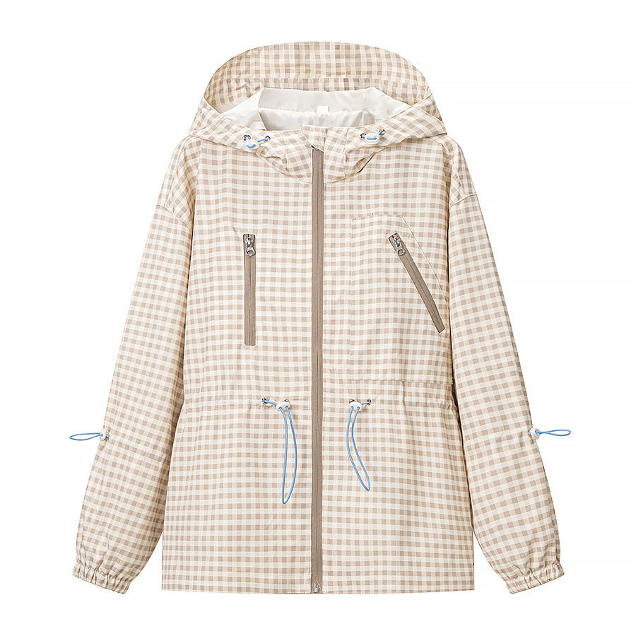 Women's Lightweight Checkered Hooded Jacket with Drawstring and Zipper Pockets Mune Fashion