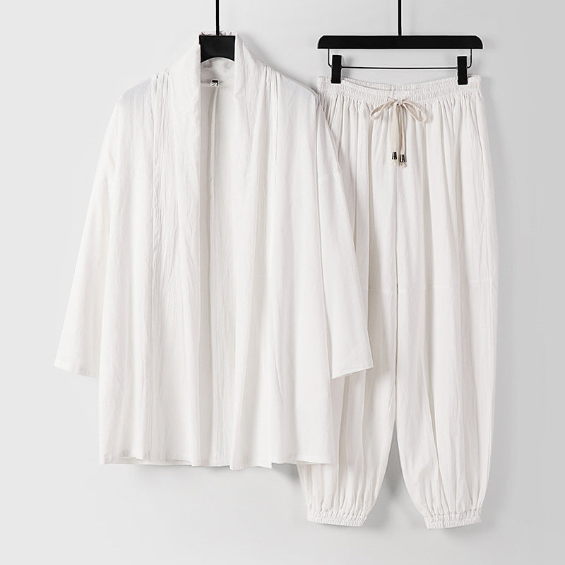 Unisex Relaxed Kimono Two-Piece Set Made of Cotton Muslin with Shawl Collar Jacket and Gathered Ankle Pants Mune Fashion