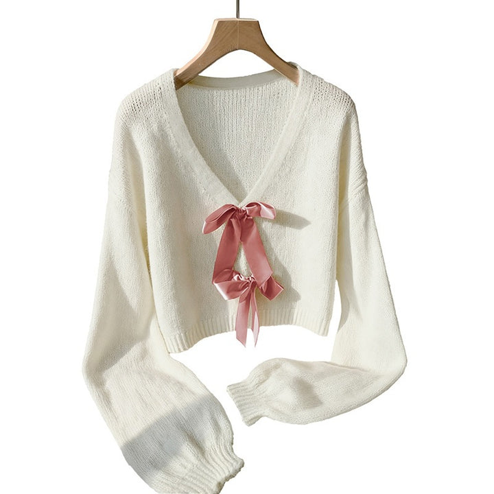 Women Cropped Knit Sweater with Bow Mune Fashion