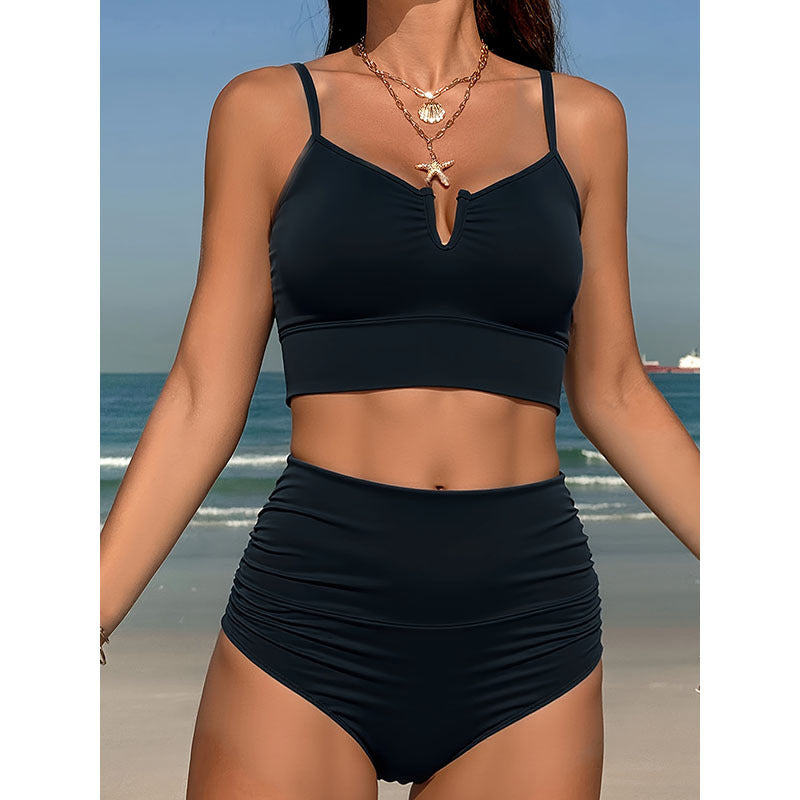 Women High-Waisted Bikini Set with Elaborate V-Neck Mune Fashion