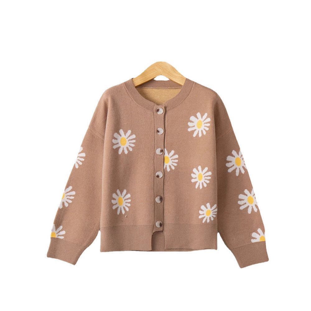 Women's Oversize Knit Cardigan with Flower Appliqué, Mother-of-Pearl Buttons and Wave Hem Mune Fashion