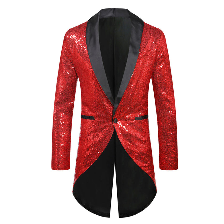 Men's sequin tuxedo jacket with shawl collar satin trim and curved swallowtail Mune Fashion