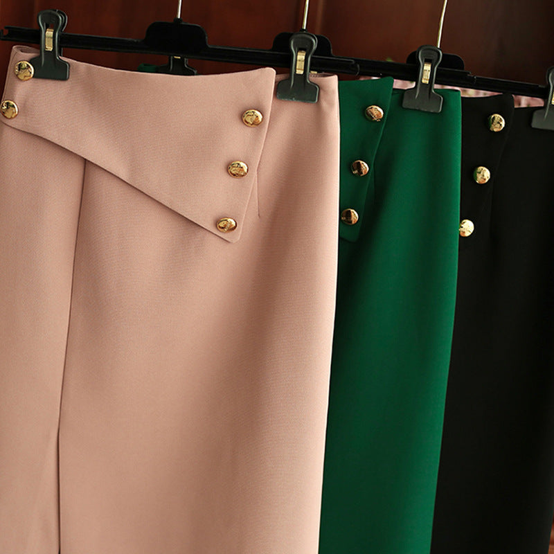 Women's Elegant Midi Skirt with Asymmetrical Cut and Gold Buttons Mune Fashion