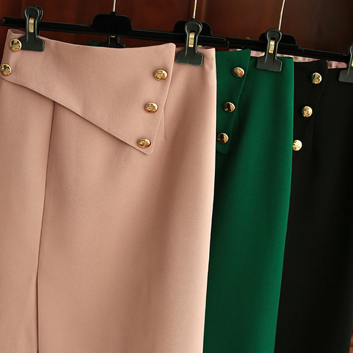 Women's Elegant Midi Skirt with Asymmetrical Cut and Gold Buttons Mune Fashion