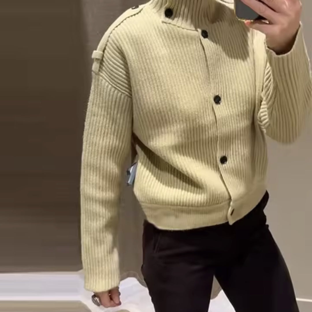 Men's Ribbed Cardigan with Stand-Up Collar and Decorative Shoulder Straps Mune Fashion