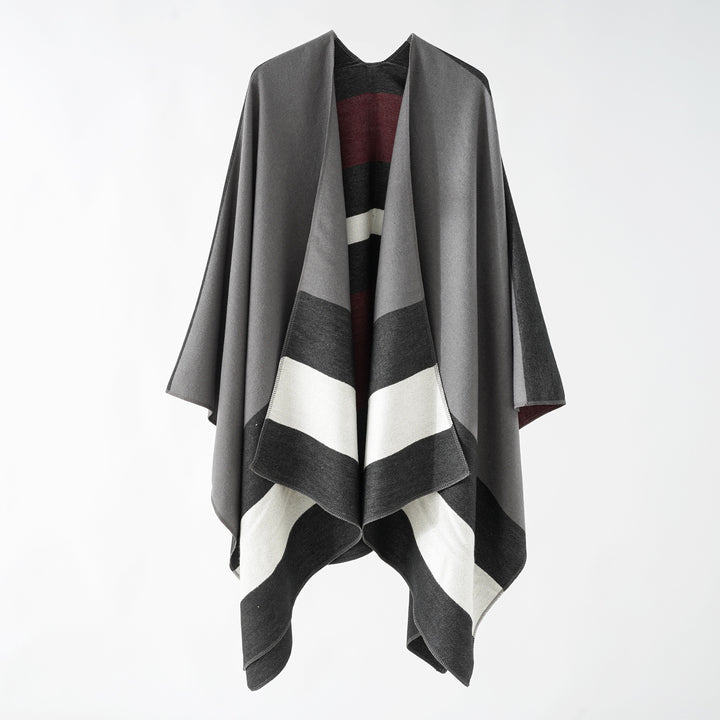 Women’s Oversize Ruana in Cape Style made of Wool Look with Geometric Block Stripes Mune Fashion
