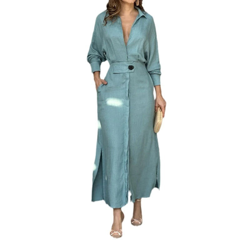 Women’s Linen Maxi Dress with Shirt Collar, Waist Belt and Side Slits Mune Fashion