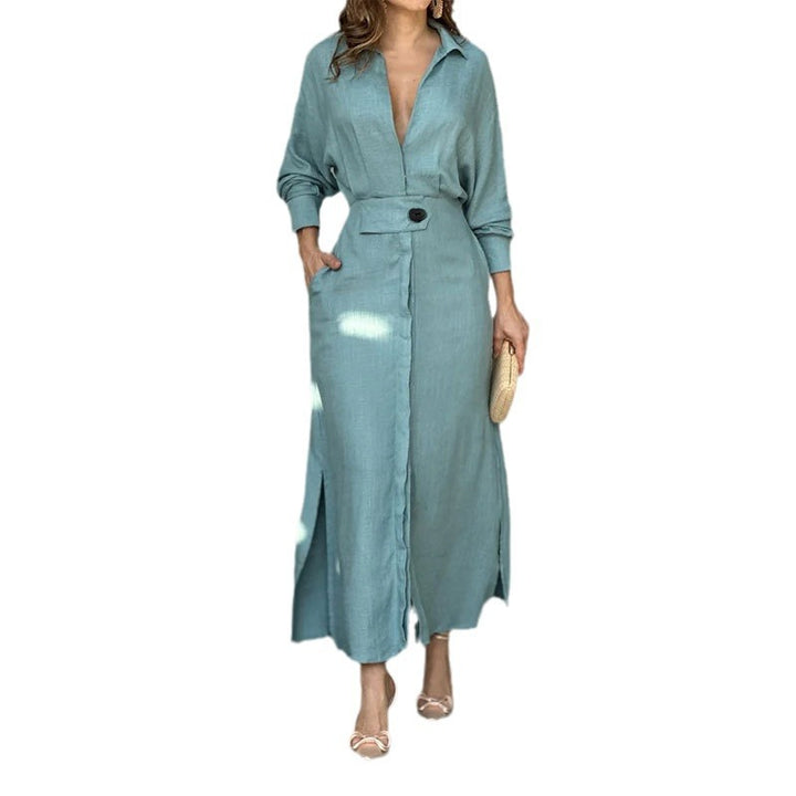 Women’s Linen Maxi Dress with Shirt Collar, Waist Belt and Side Slits Mune Fashion