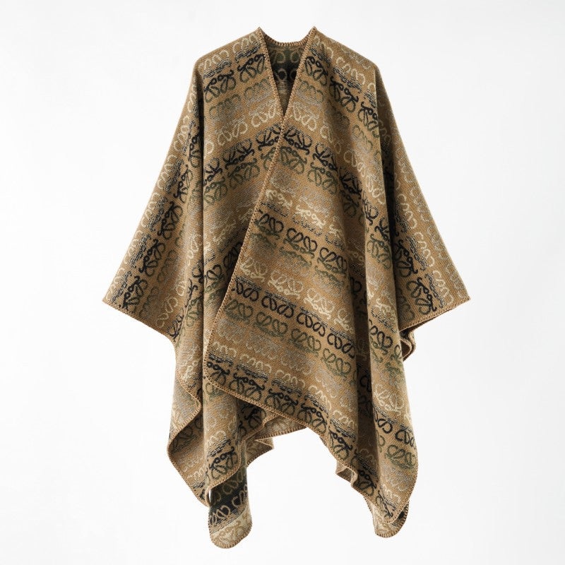 Women's overlay cape in jacquard knit with all-over monogram and soft drape