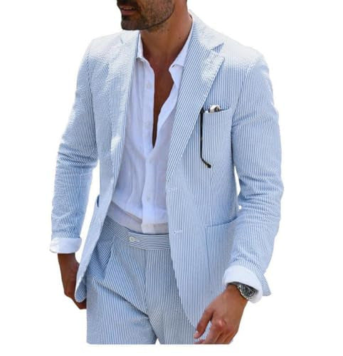 Men's summer seersucker suit with unlined jacket, slim fit, and pleated trousers Mune Fashion