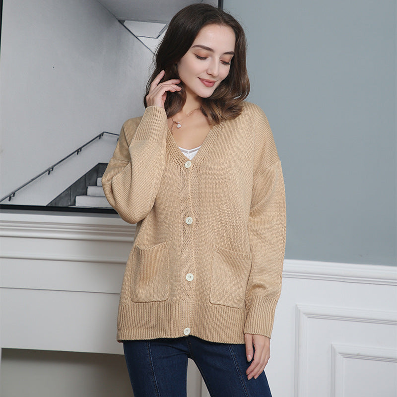 Women Fine Oversize Knit Cardigan with V-Neck, Button Placket and Patch Pockets Mune Fashion