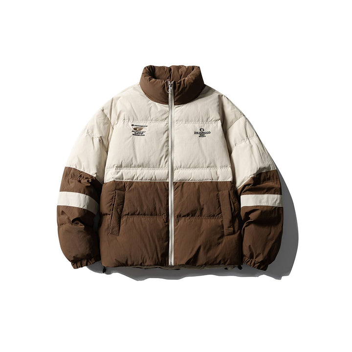 Men's color block quilted short jacket with high stand-up collar and drawstring hem