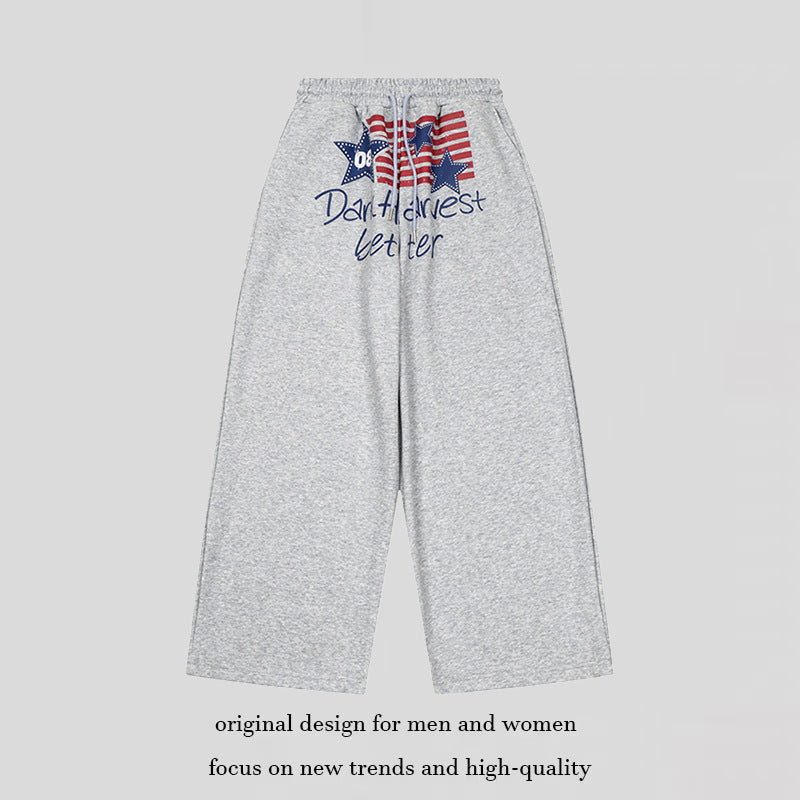 Women's Wide Culotte Lounge Pants with High Comfort Waistband, Drawstring and Star Flag Print Mune Fashion