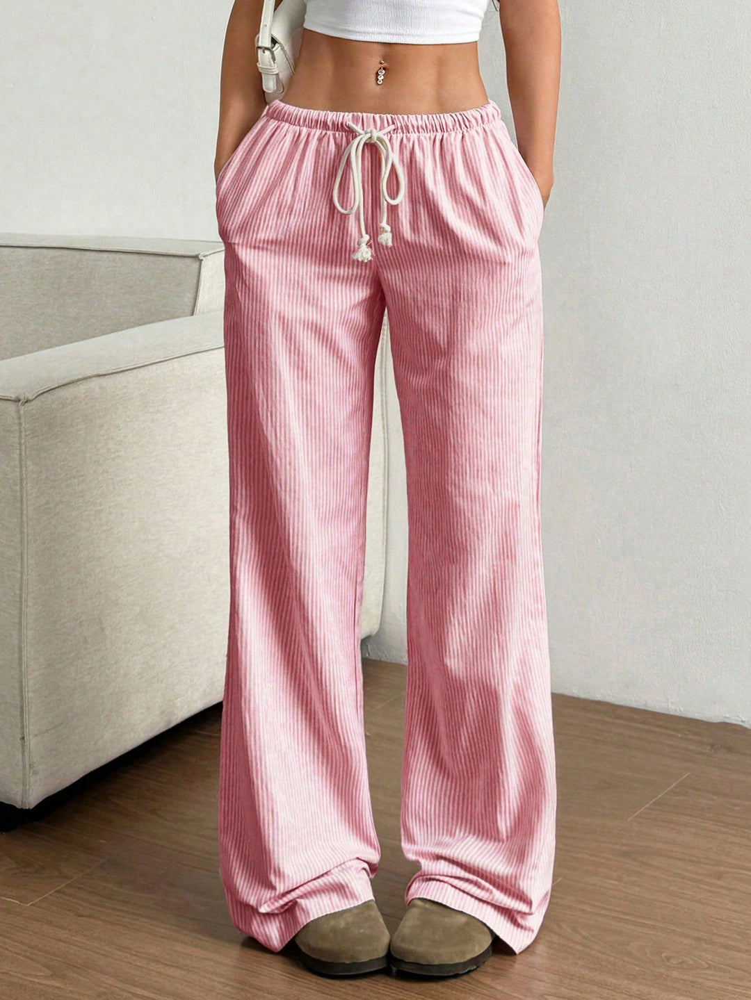 Ladies Wide Linen Look Pants with Elastic Waistband, Drawstring and Side Pockets Mune Fashion