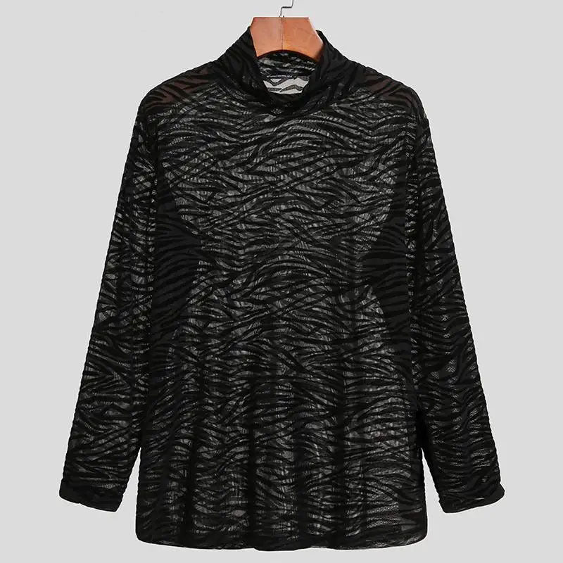 Women's transparent long-sleeve net top with turtleneck and animal structure pattern Mune Fashion