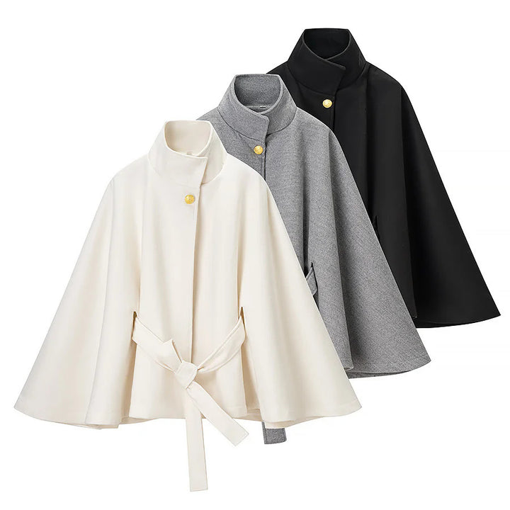 Women tailored wool cape coat with stand-up collar, tie belt, and concealed button placket Mune Fashion