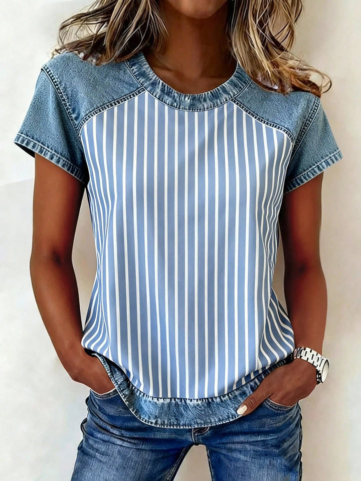 Women's Short Sleeve Shirt with Jeans Inserts and Teddy Patch Print Mune Fashion