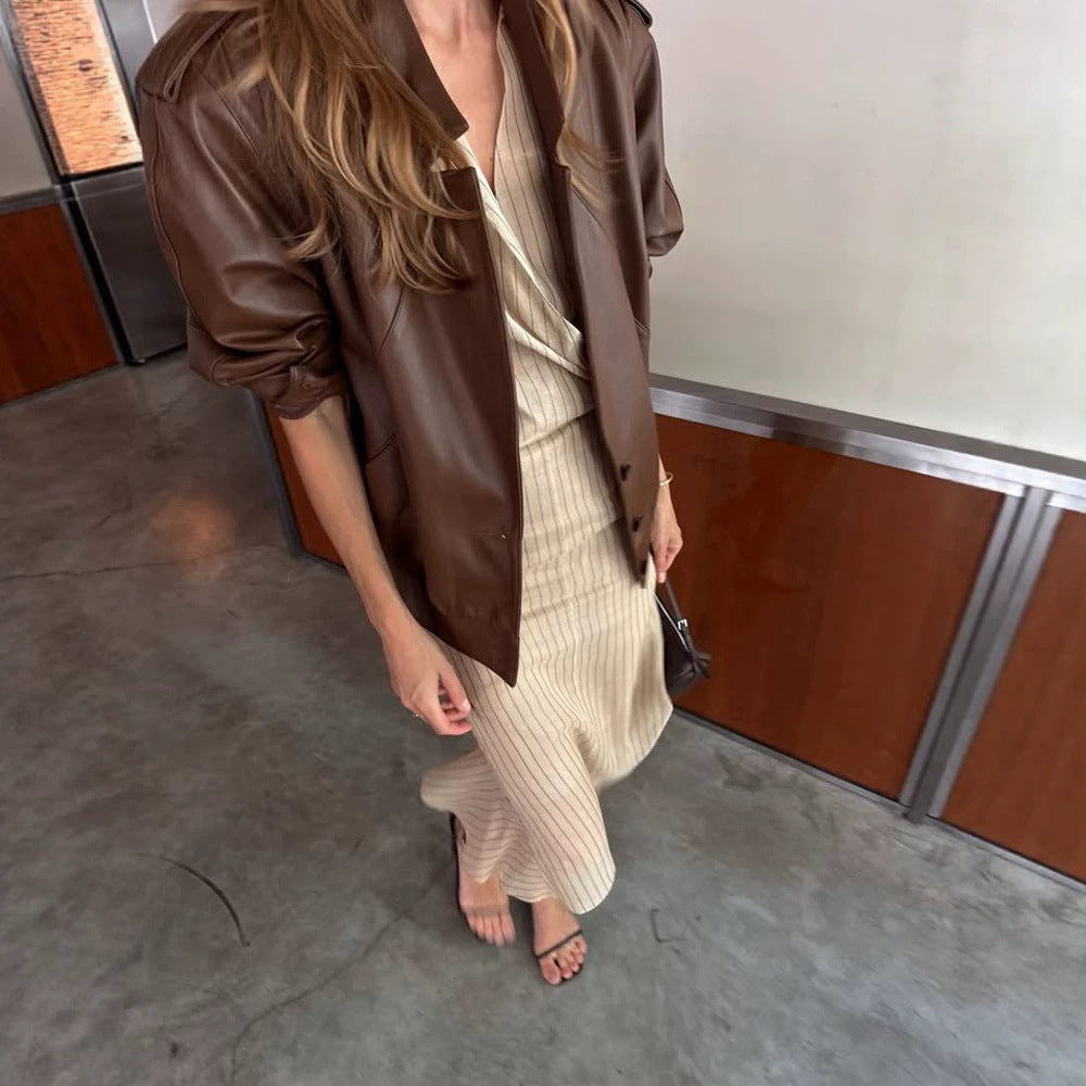 Women's Oversized Faux Leather Jacket with Epaulettes and Boxy Cropped Cut Mune Fashion