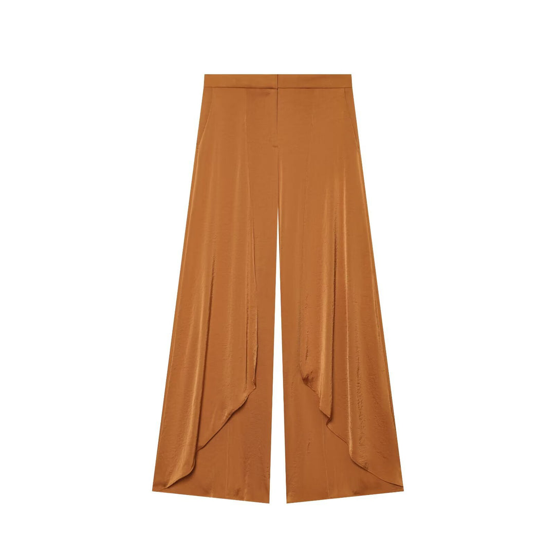 Women's Flowing Satin Pants in Palazzo Cut with Draped Ruffle Panels Mune Fashion