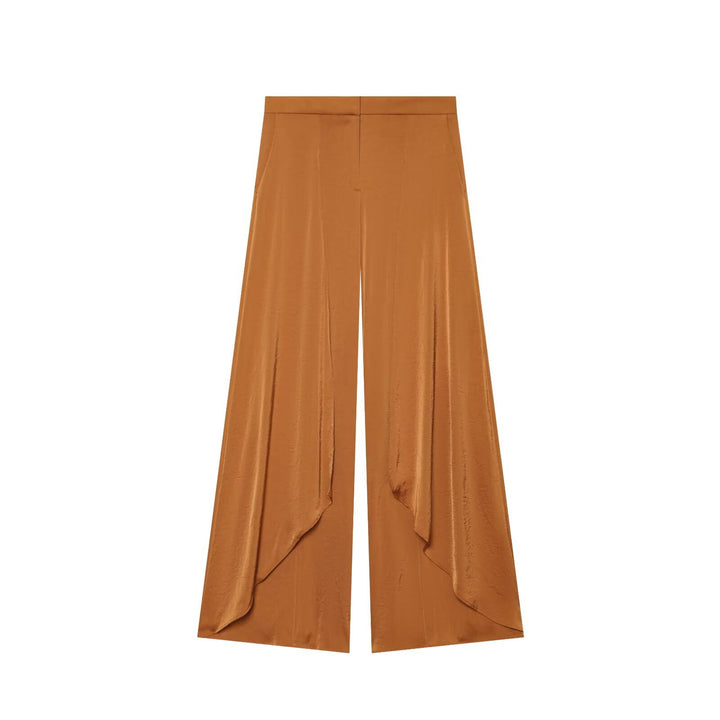 Women's Flowing Satin Pants in Palazzo Cut with Draped Ruffle Panels Mune Fashion
