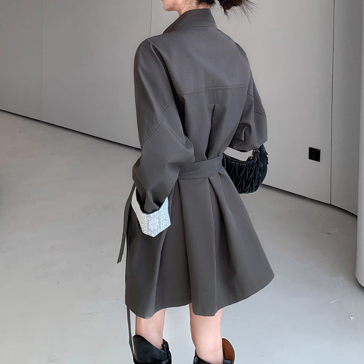 Women Elegant Trench Coat with Waist Belt and Contrast Sleeves Mune Fashion