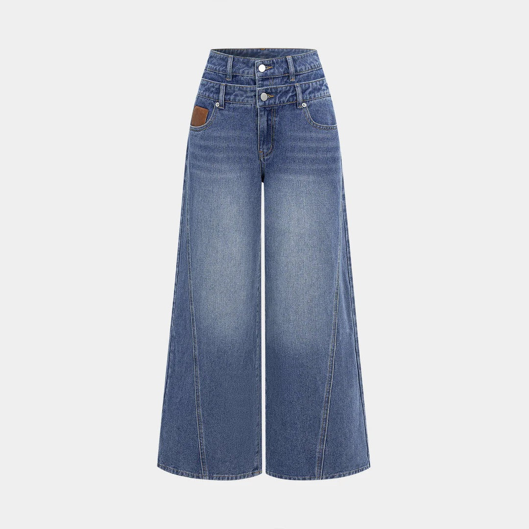Women high-waisted double waistband jeans culotte with wide cropped leg and visible seam panels Mune Fashion