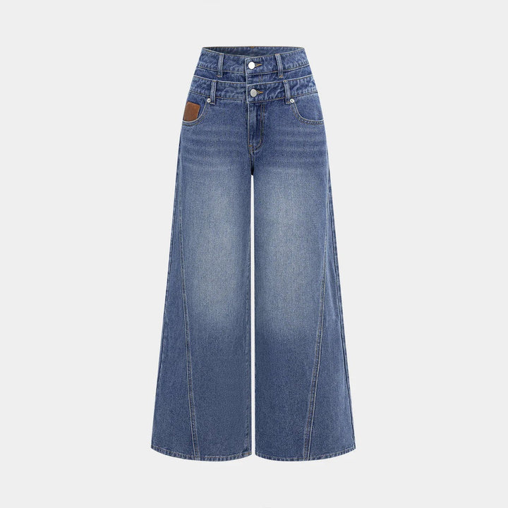 Women high-waisted double waistband jeans culotte with wide cropped leg and visible seam panels Mune Fashion