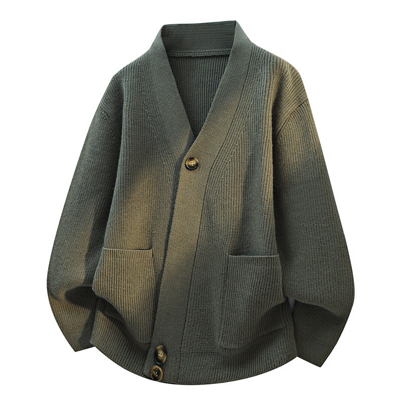 Women's oversized cardigan with large V-neck, patch pockets & wooden buttons Mune Fashion