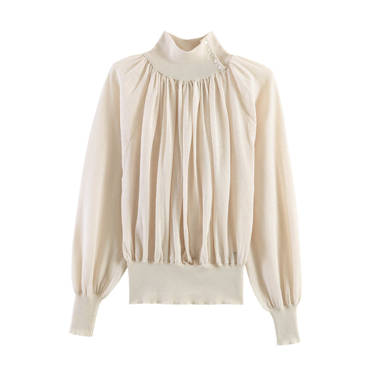 Women's Elegant Pleated Blouse with Stand Collar, Button Detail and Balloon Sleeves Mune Fashion
