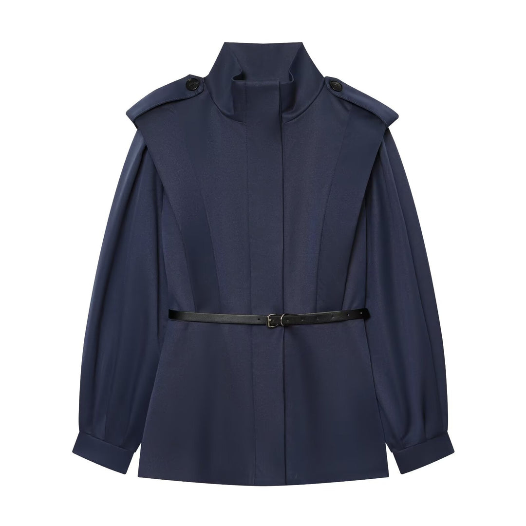 Women Short Cape Trench with High Funnel Collar and Waist Belt Mune Fashion