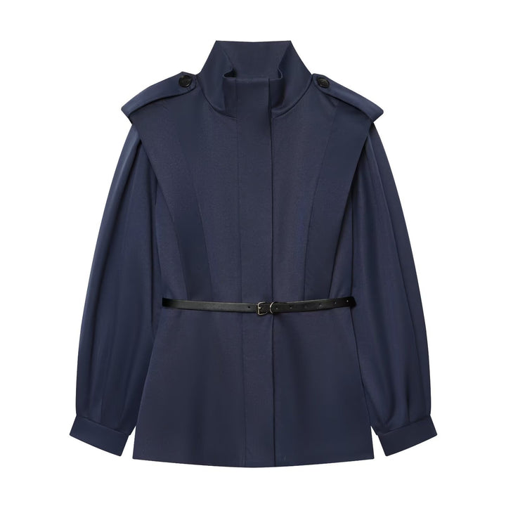 Women Short Cape Trench with High Funnel Collar and Waist Belt Mune Fashion