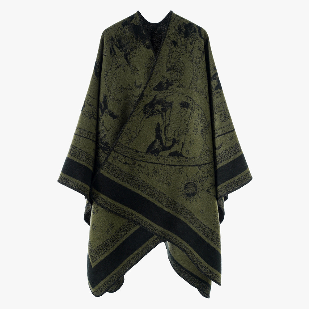 Women's Jacquard Cape Poncho with double-sided weave structure and V-neck Mune Fashion