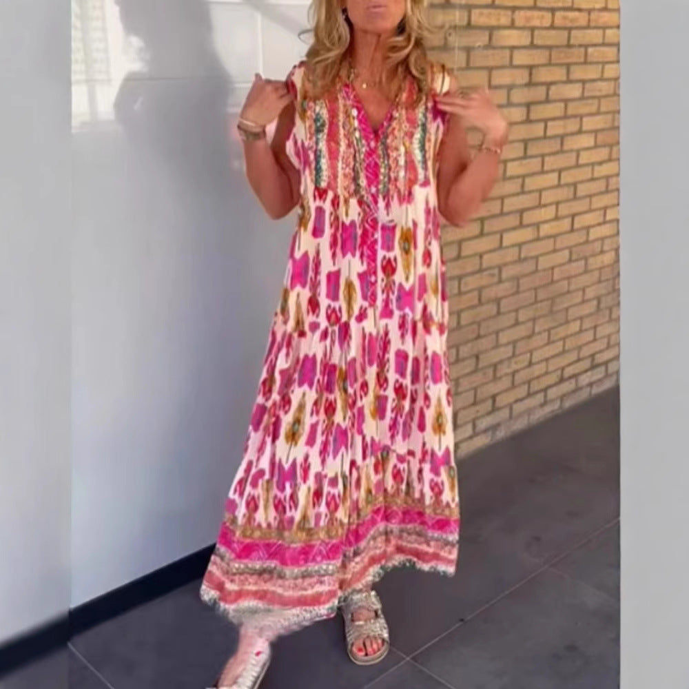 Ladies' flowing maxi dress in boho style with V-neck, tiered skirt and embroidered yoke Mune Fashion