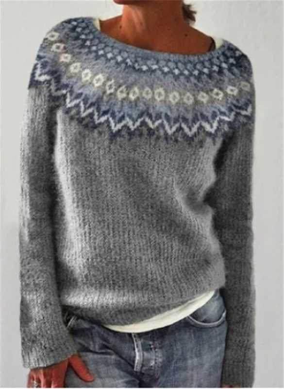 Women's Norwegian sweater made of wool blend with round neck and traditional Fair Isle yoke Mune Fashion