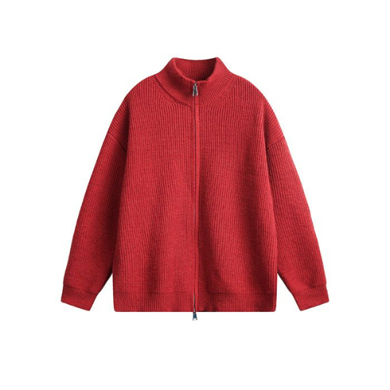 Unisex Oversized Knit Zip Jacket with Stand-Up Collar and Ribbed Cuffs Mune Fashion