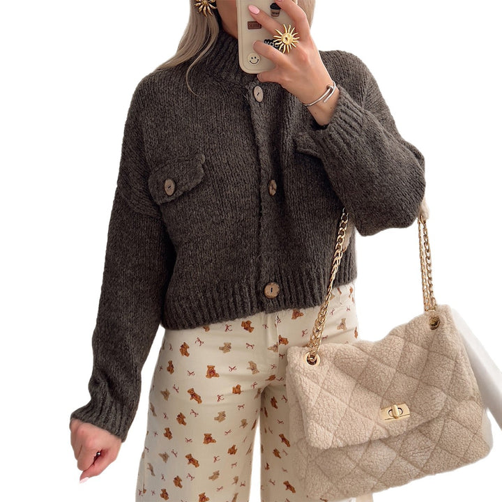 Women's cozy cardigan with wooden buttons and breast flap Mune Fashion