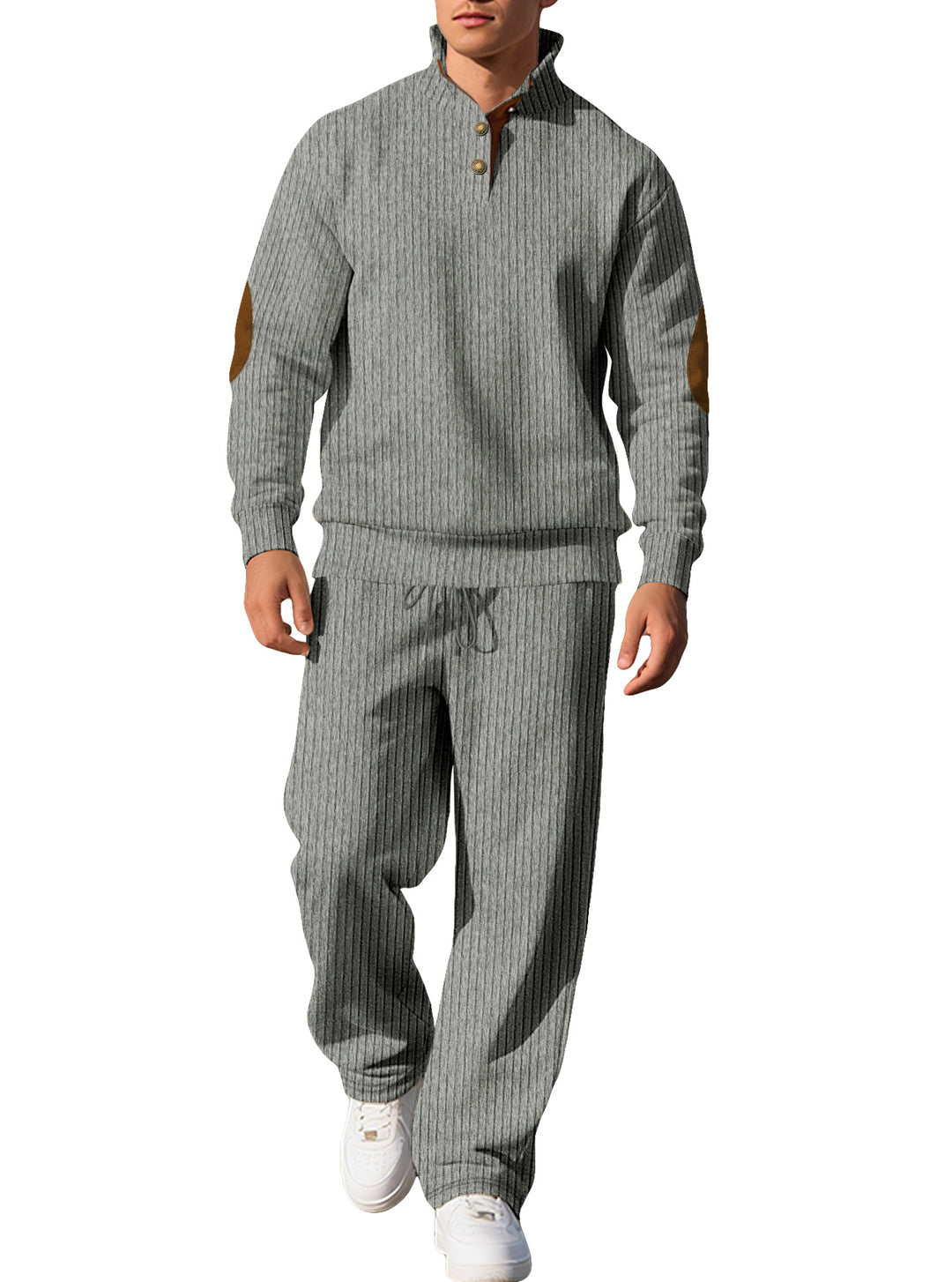 Men's fine ribbed sweater with half button placket, high stand-up collar, and contrasting suede elbow patches Mune Fashion